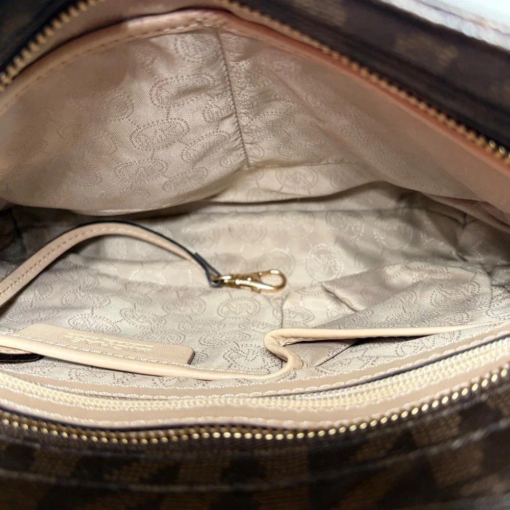 Michael Kors Jet Set Travel Large Messenger Bag Brown Monogram Gold Charm